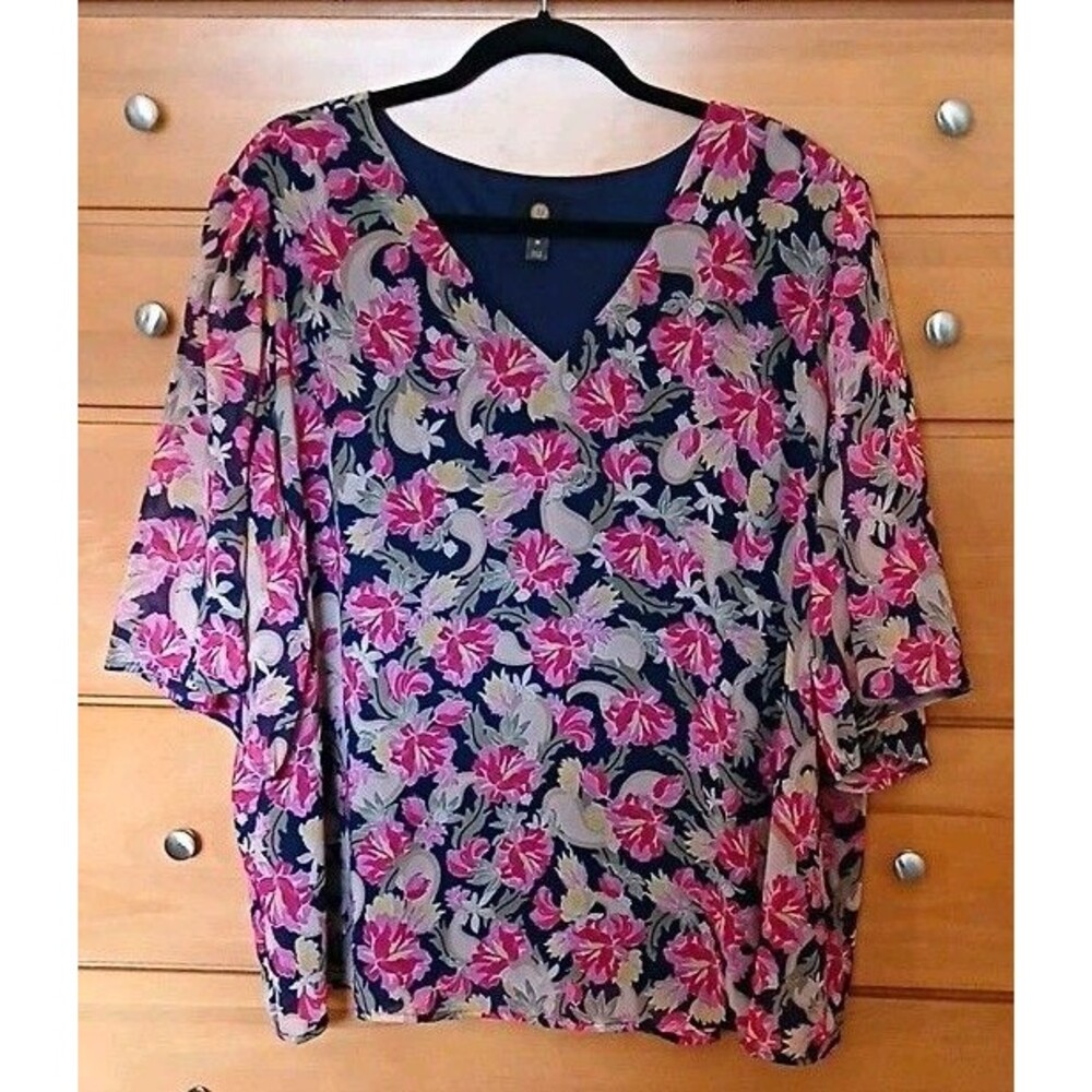 NWOT JM Collection Womens 3X Floral V-Neck 3/4 Slv Chiffon Blouse Top Navy Pink